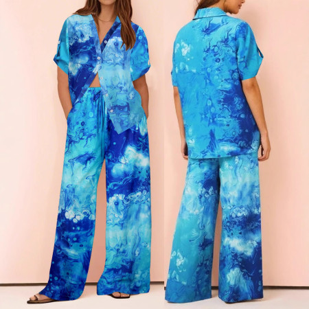 Women's fashionable and elegant V-neck short sleeved straight leg pants shirt two sets