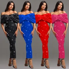 Fashionable women's dress with a cinched waist and one shoulder, hot pressed diamond dress, new