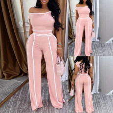 Women's fashionable and elegant slanted shoulder short sleeved slim straight leg pants casual solid color set