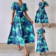 Women's fashionable and elegant V-neck tie dye printed plus size long dress