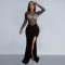 Fashionable women's sexy see through mesh, rhinestone hot stamping split dress