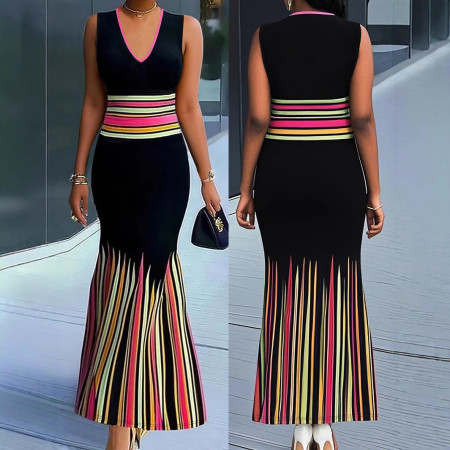 Women's fashionable and elegant V-neck sleeveless waist cinched long plus size dress