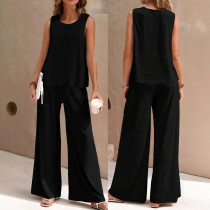 文档 图片 20/1000  实时翻译 划译 Women's Fashion Elegant Round Neck Sleeveless Straight Pants Casual Loose Set