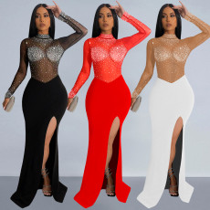 Fashionable women's sexy see through mesh, rhinestone hot stamping split dress