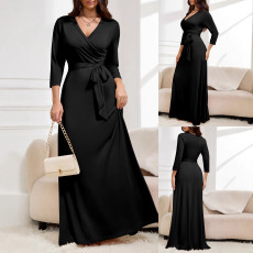Spring and Autumn women's fashionable and elegant V-neck and waistband waist cinching slimming plus plus plus plus size dress