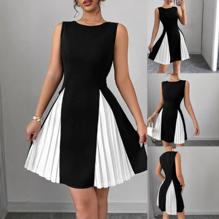 Women's fashionable and elegant round neck sleeveless pleated patchwork plus size dress