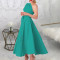 Women's fashionable and elegant slanted shoulder hem slit solid color long dress with belt