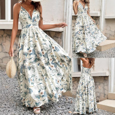 Women's fashionable and elegant V-neck suspender plus size printed vacation long dress