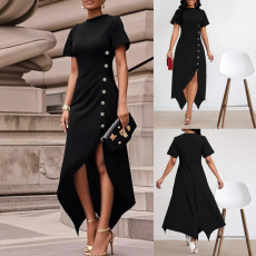 Women's Fashion Elegant Irregular Hem Side Button Decorative Dress
