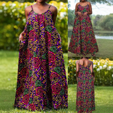 Women's fashionable and elegant suspender long plus size printed dress