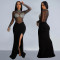 Fashionable women's sexy see through mesh, rhinestone hot stamping split dress
