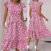 Women's fashionable and elegant round neck flying sleeves with waistband and heart-shaped printed plus size dress