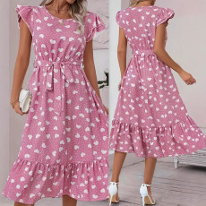 Women's fashionable and elegant round neck flying sleeves with waistband and heart-shaped printed plus size dress