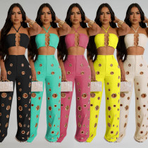 Fashionable women's sexy chicken eye metal buckle pants two-piece set new