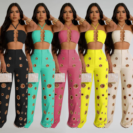 Fashionable women's sexy chicken eye metal buckle pants two-piece set new
