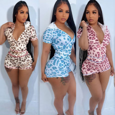 Fashion casual set with letter print hooded zipper top, tight shorts two-piece set