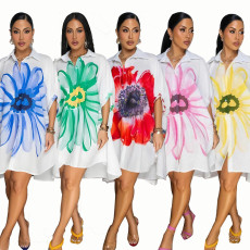 Women's casual fashion printed shirt cardigan dress with lapel print mid skirt