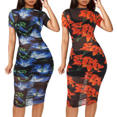 Style Nightclub Women's Printed Mesh Dress+Small Tank Top+Shorts 3-Piece Set
