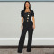 Fashion women's big button short sleeved sports wide leg jumpsuit new