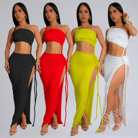 Fashionable women's summer minimalist chest hugging side slit sexy long skirt