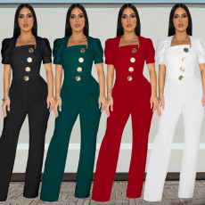 Fashion women's big button short sleeved sports wide leg jumpsuit new
