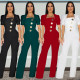 Fashion women's big button short sleeved sports wide leg jumpsuit new