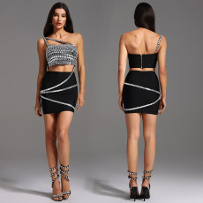 Fashion women's temperament, diamond studded suspender, strapless short skirt set, new