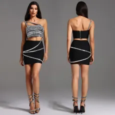 Fashion women's temperament, diamond studded suspender, strapless short skirt set, new
