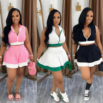 New sleeveless zipper top paired with short skirt set in spliced colors