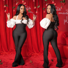 New sexy lace up four sided elastic splicing polyester glossy slim fit jumpsuit
