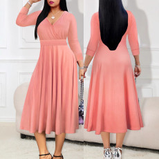 Beautiful women's fashionable and elegant cross V-neck long sleeved mid length dress