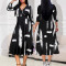 New women's fashionable and elegant cross V-neck 7-inch sleeve printed waist cinching dress