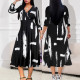 New women's fashionable and elegant cross V-neck 7-inch sleeve printed waist cinching dress