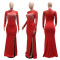 Hot rhinestone mesh long sleeved patchwork waist cinching slit dress for women, slim fit long dress for women