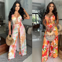 Strap up sexy top paired with slim fit wide leg pants, fashionable two-piece set for women