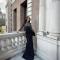 Hot rhinestone mesh long sleeved patchwork waist cinching slit dress for women, slim fit long dress for women