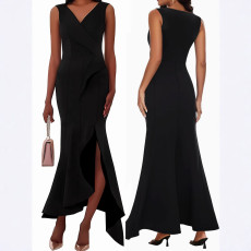 Women's fashionable and elegant V-neck ruffle edge irregular hem plus size long dress