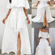 Beautiful women's fashionable and elegant one shoulder slit long jacquard dress