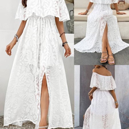 Beautiful women's fashionable and elegant one shoulder slit long jacquard dress