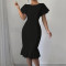 Women's fashionable and elegant round neck ruffle hem plus plus size mid length dress