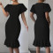 Women's fashionable and elegant round neck ruffle hem plus plus size mid length dress