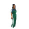 Women's suede fabric+denim color blocking, stand up collar short sleeved long zipper jumpsuit pants