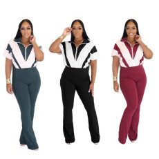 Collar zipper polyester splicing micro flared pants jumpsuit