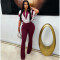 Collar zipper polyester splicing micro flared pants jumpsuit