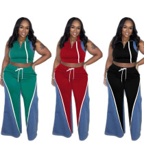 Women's polyester+denim splicing sleeveless V-neck wide leg pants set, two-piece set