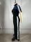 Women's suede fabric+denim color blocking, stand up collar short sleeved long zipper jumpsuit pants