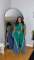 Women's polyester+denim splicing sleeveless V-neck wide leg pants set, two-piece set