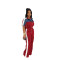 Women's suede fabric+denim color blocking, stand up collar short sleeved long zipper jumpsuit pants