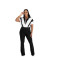 Collar zipper polyester splicing micro flared pants jumpsuit