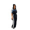 Women's suede fabric+denim color blocking, stand up collar short sleeved long zipper jumpsuit pants